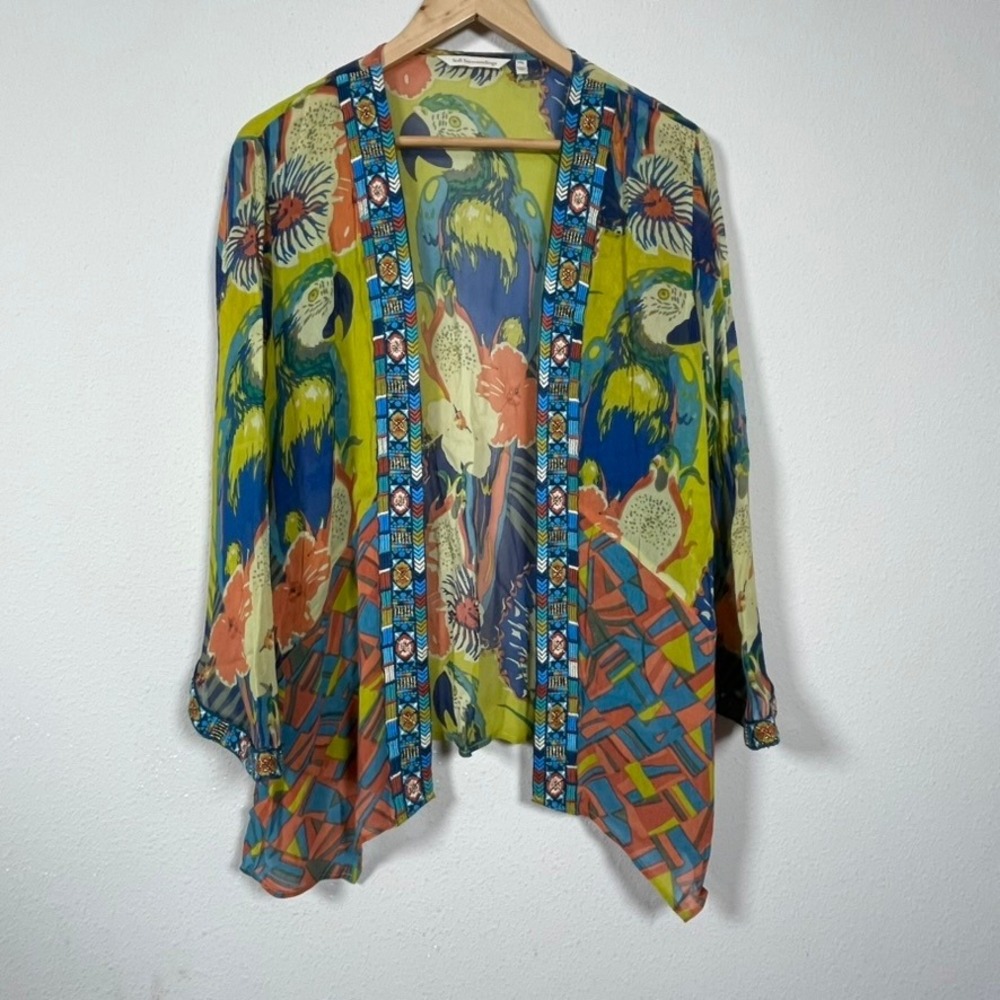 Soft Surroundings Kimono Cardigan Topper Women PXL Green Tropical Parrot Resort